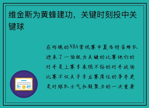 维金斯为黄蜂建功，关键时刻投中关键球
